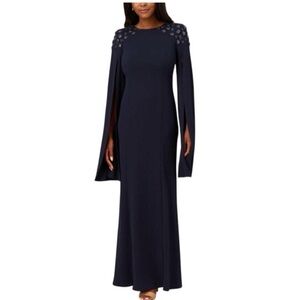 Adrianna Papell Crepe Beaded Cape Sleeve Gown Midnight Size 2